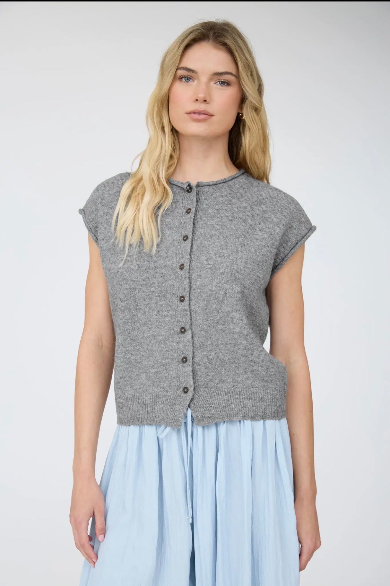 Dark Grey Rolled Edge Button Front Sweater Vest
