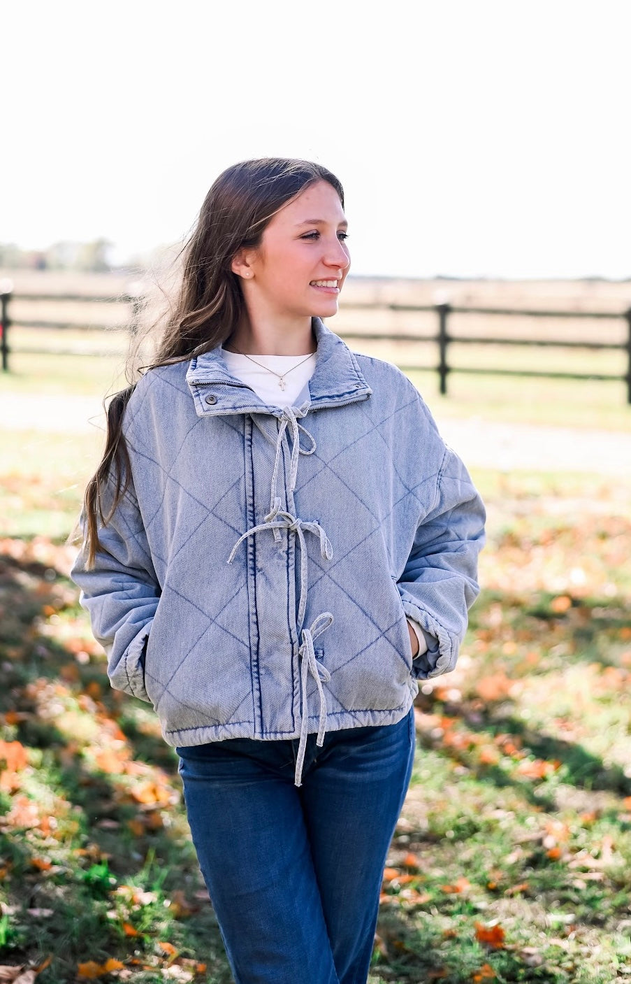 Denim Quilted Tie Puffer Jacket