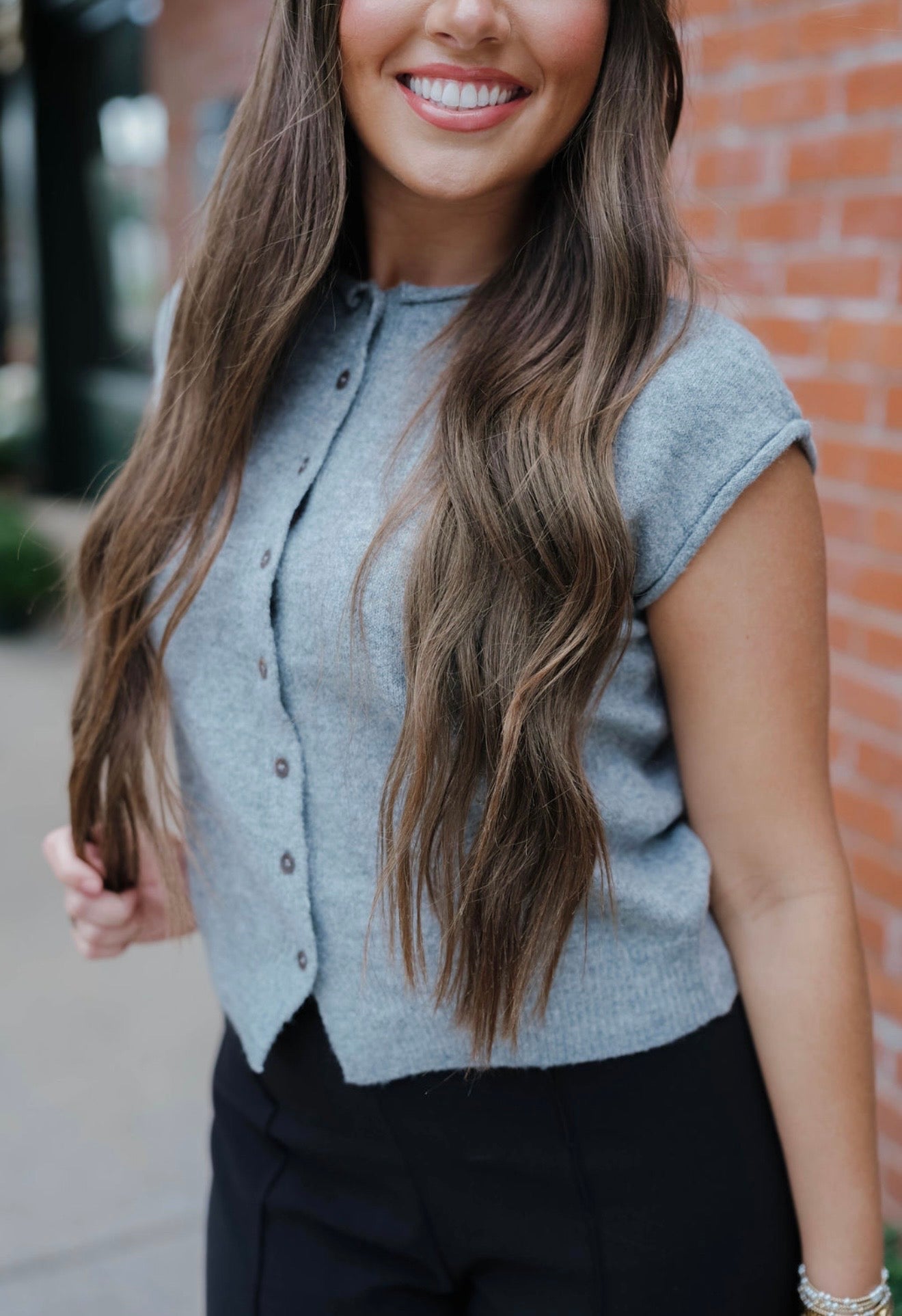 Dark Grey Rolled Edge Button Front Sweater Vest