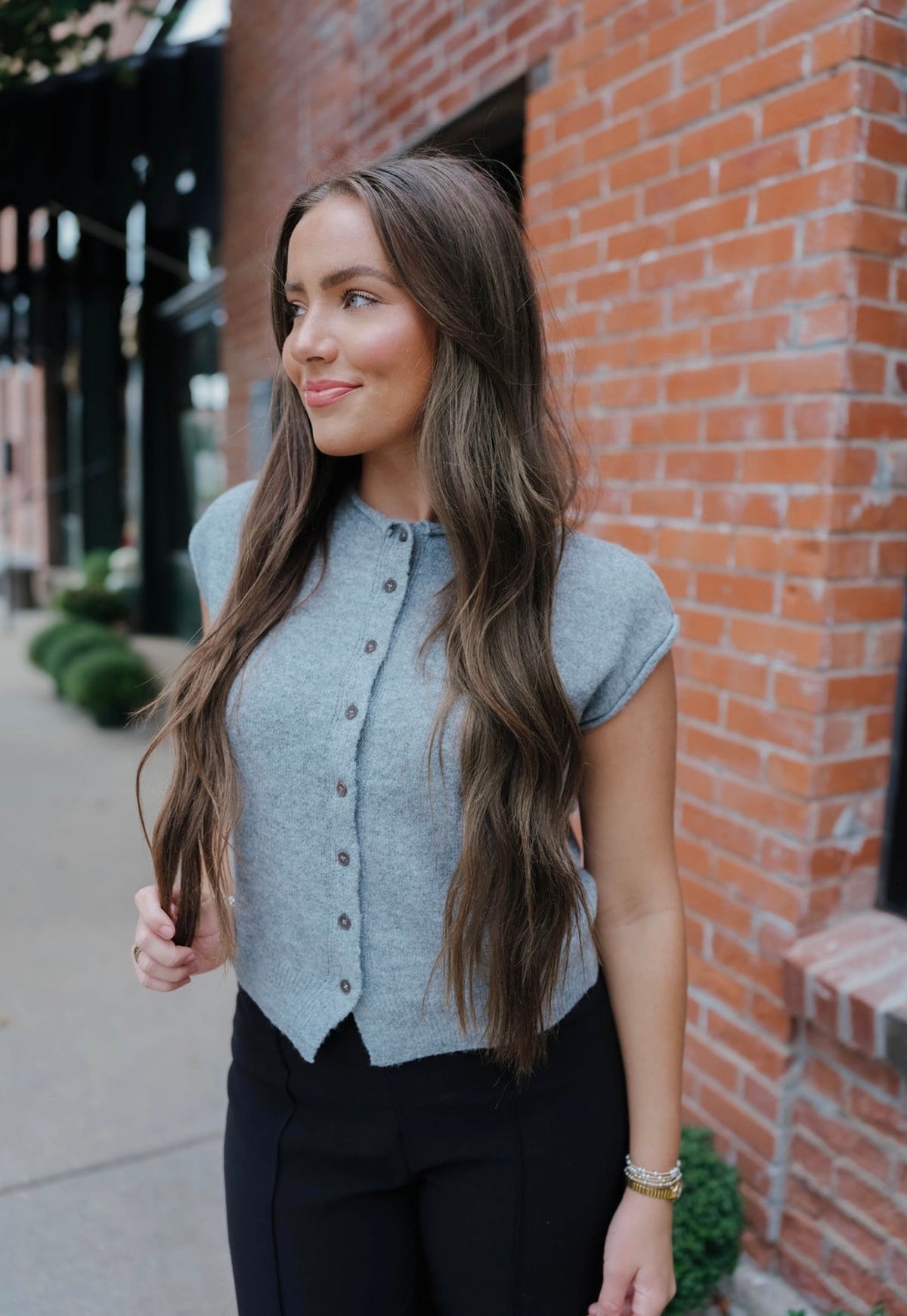Dark Grey Rolled Edge Button Front Sweater Vest