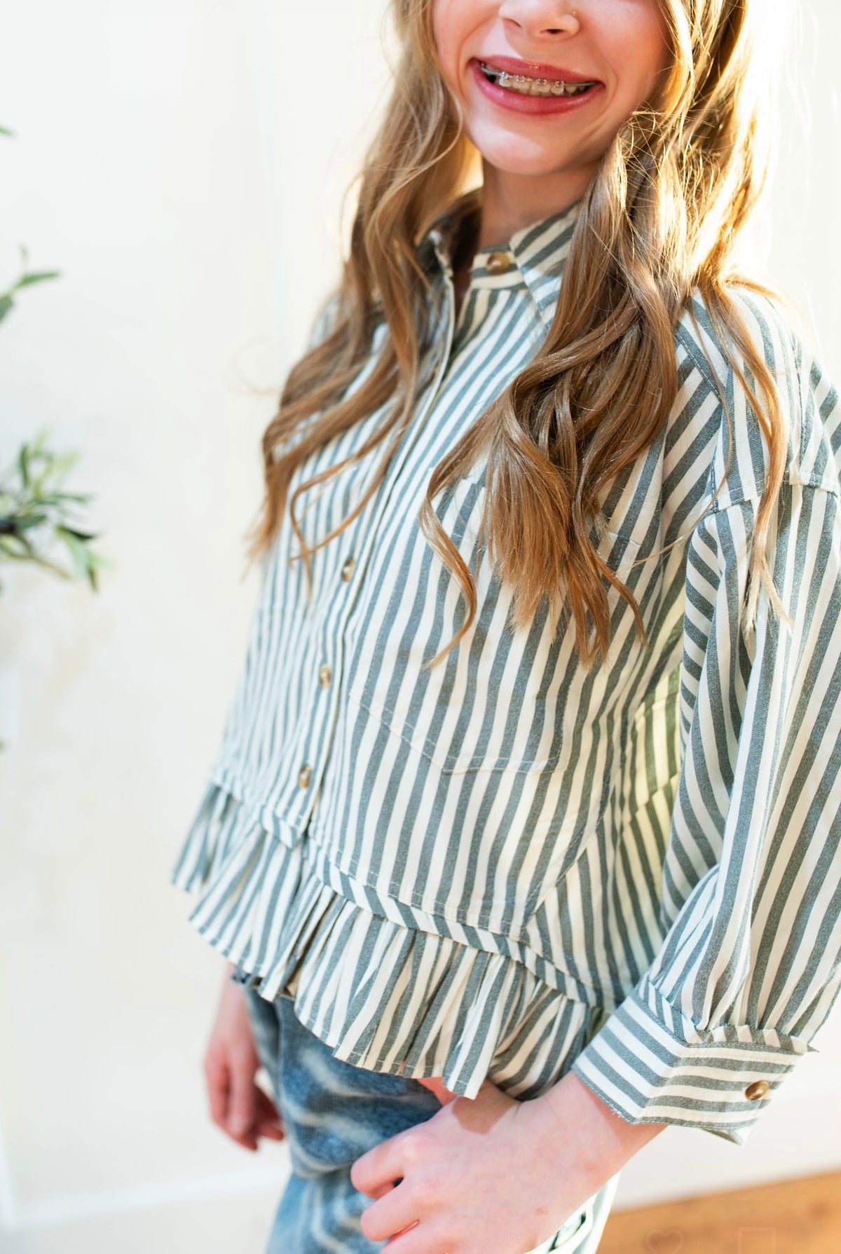 Striped Ruffle Hem Button Up Top