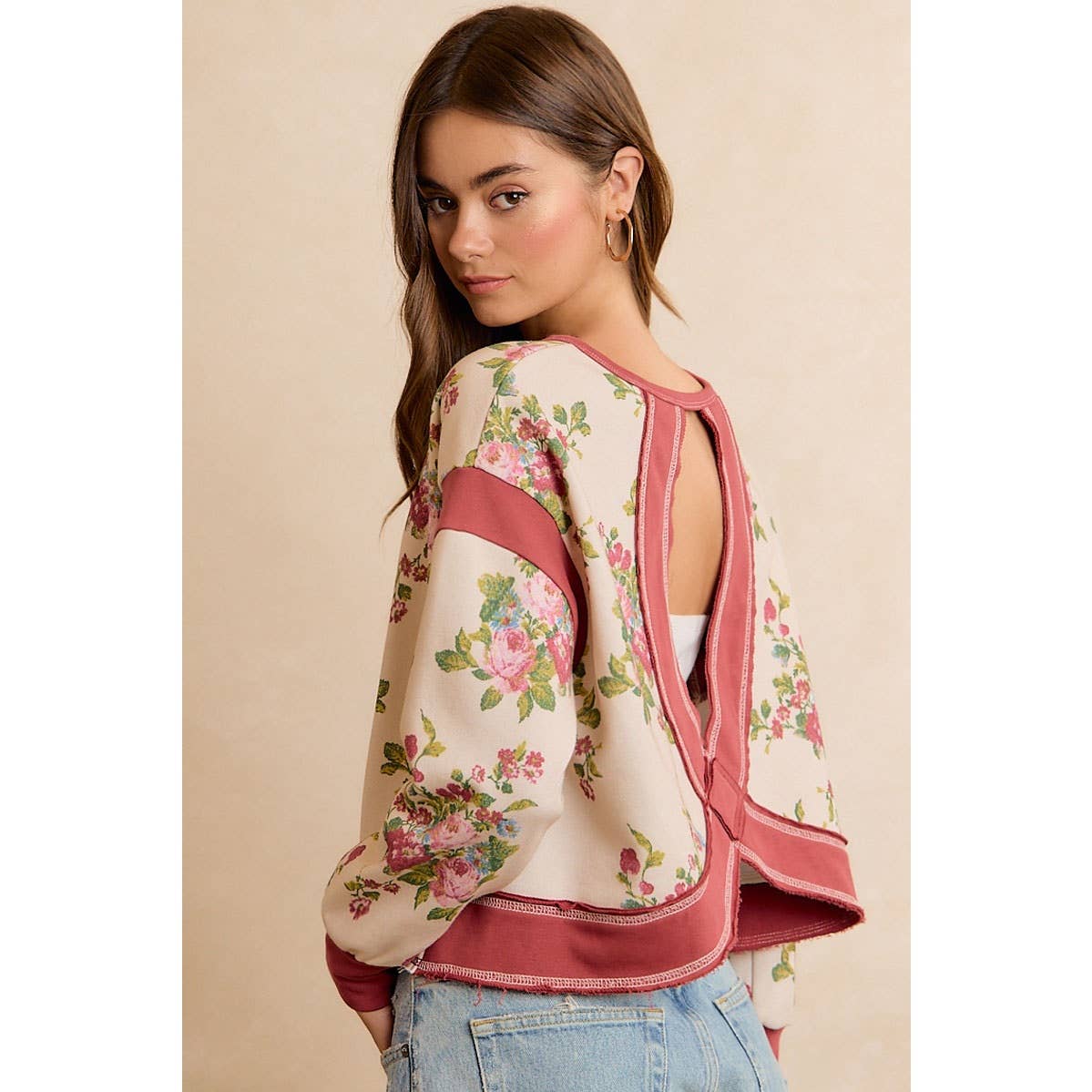 FLORAL BRUSHED TERRY OPEN BACK LONG SLEEVE