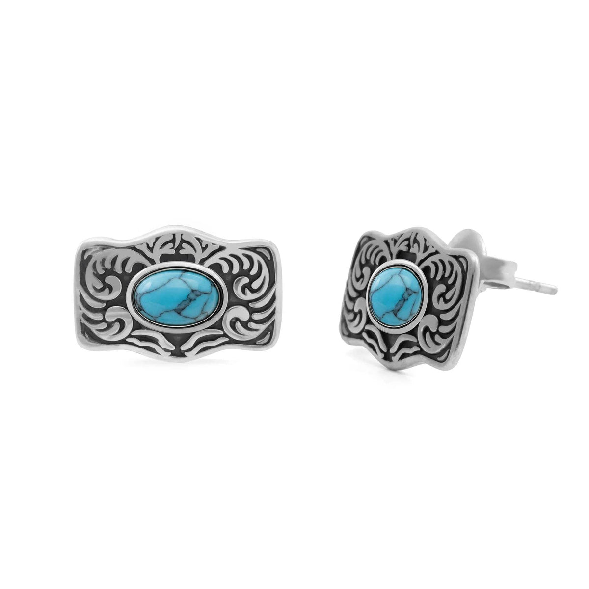 Gold Stainless Steel Turquoise Stone Buckle Stud Earrings: Gold