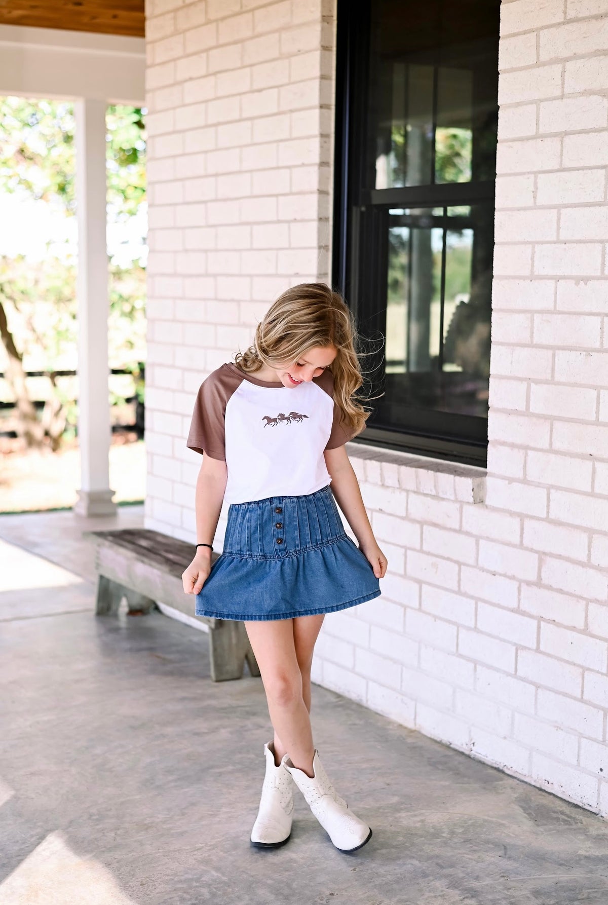 Girls Pleated Button Detail Denim Skirt