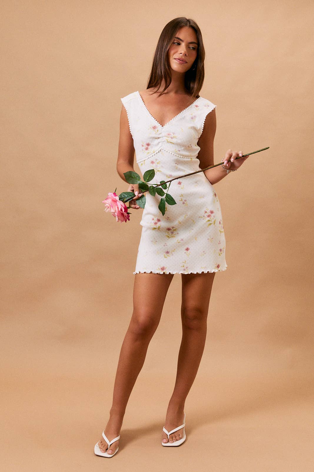 SLEEVELESS V-NECK LACE TRIM DETAIL POINTELLE MINI DRESS