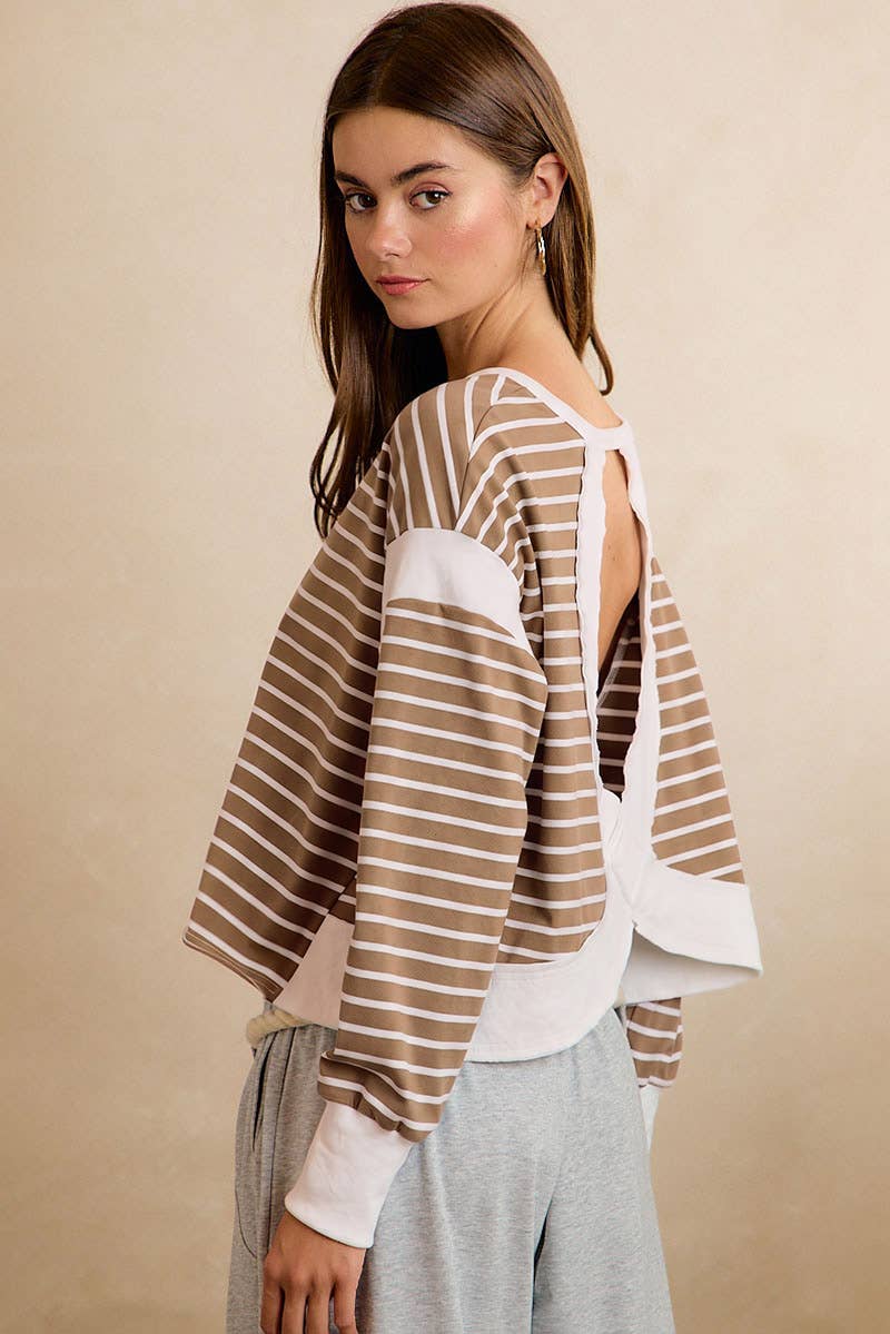 STRIPE OPEN BACK LONG SLEEVES TOP: MOCHA/IVORY