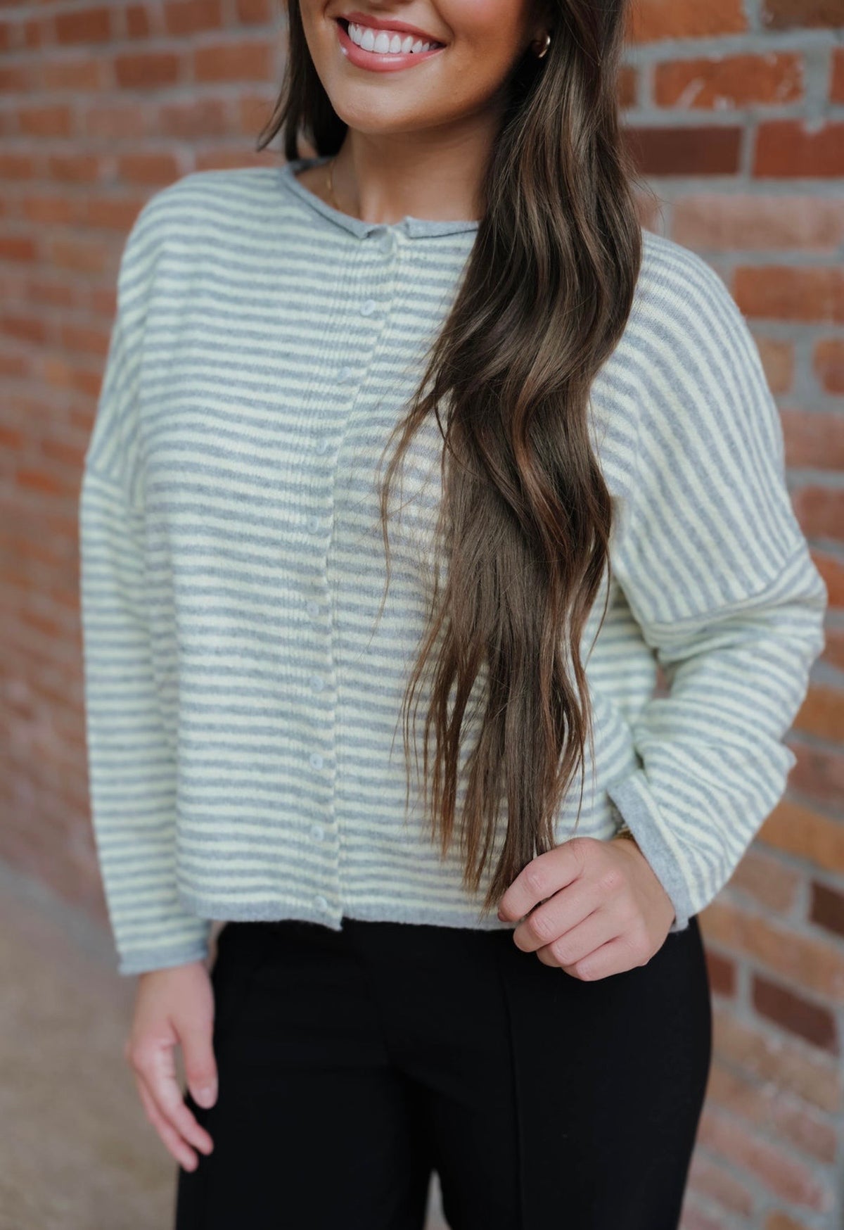 Stripe Raw Edge Drop Shoulder Knit Cardigan Yellow