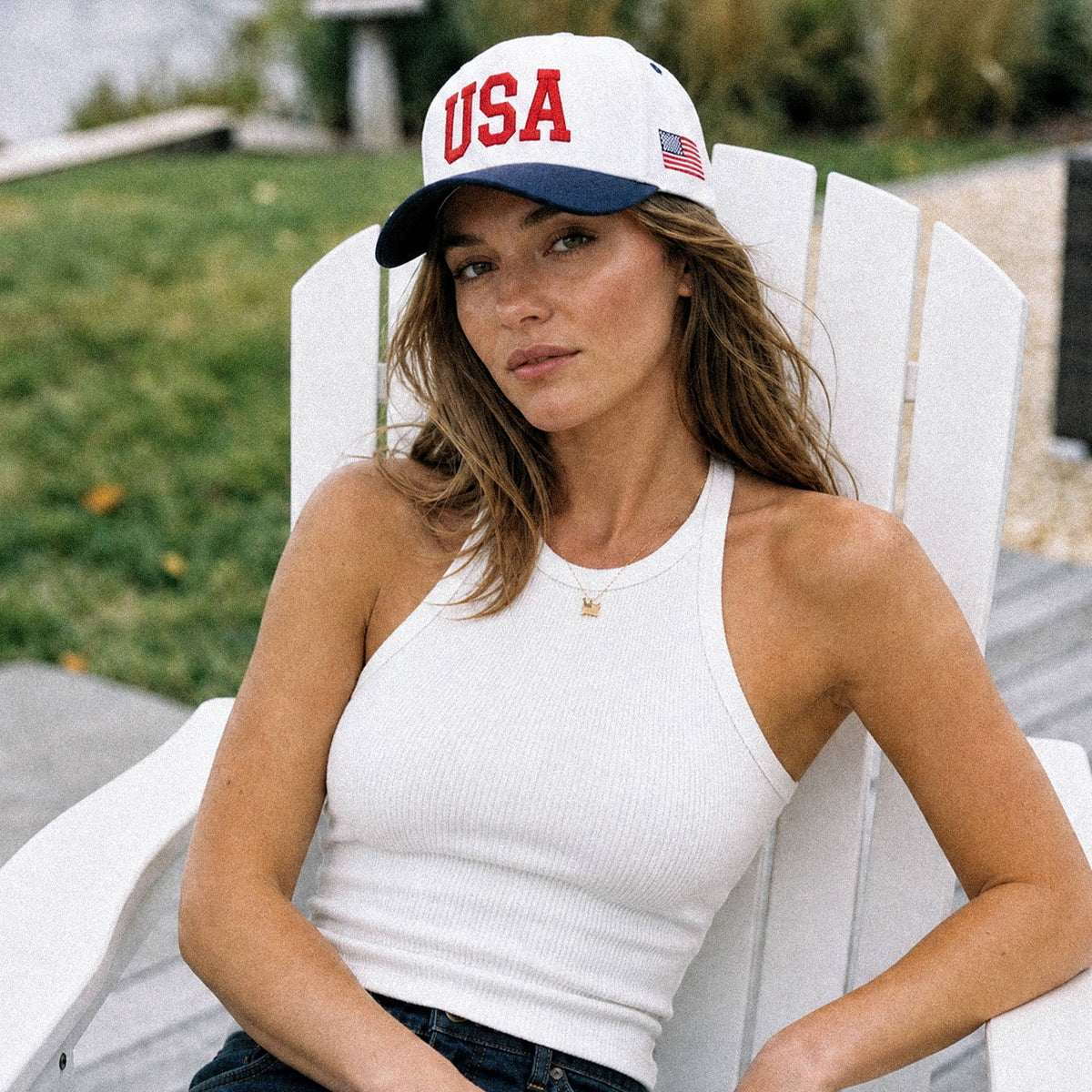 C.C White Crown Flag Letter on Two Tone Trucker Hat: Navy