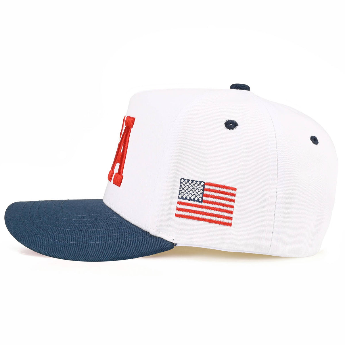 C.C White Crown Flag Letter on Two Tone Trucker Hat: Navy