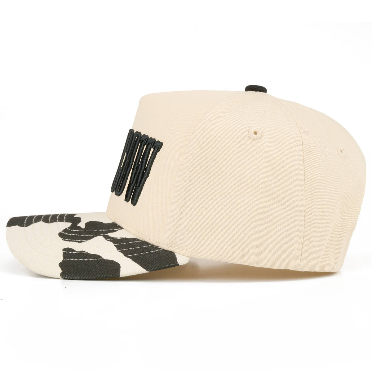 C.C HOLY COW Letter Embroidered Two Tone Trucker Hat: Black