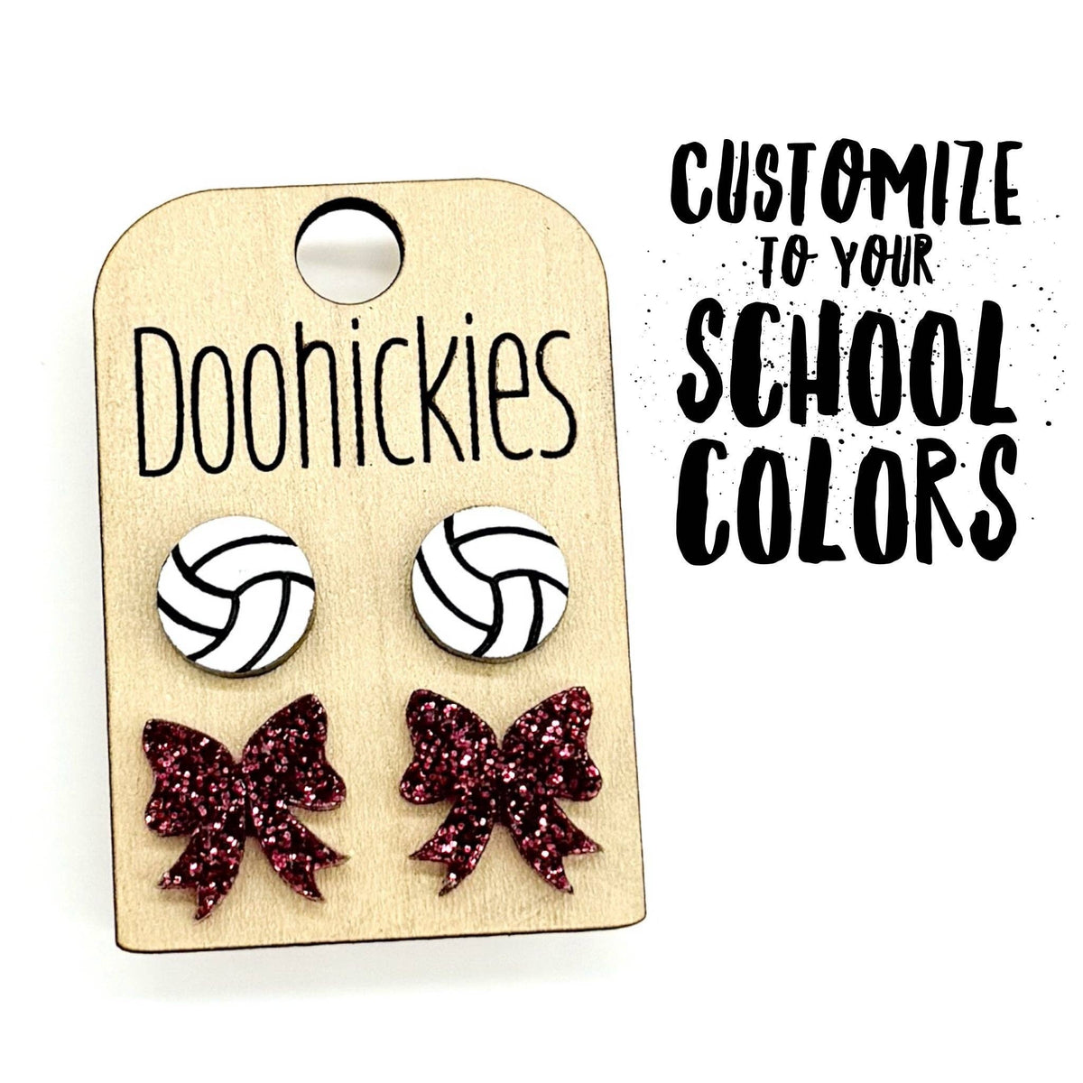 Volleyball and Customizable Bow Acrylic Duo Studs - Sports Earrings: Maroon