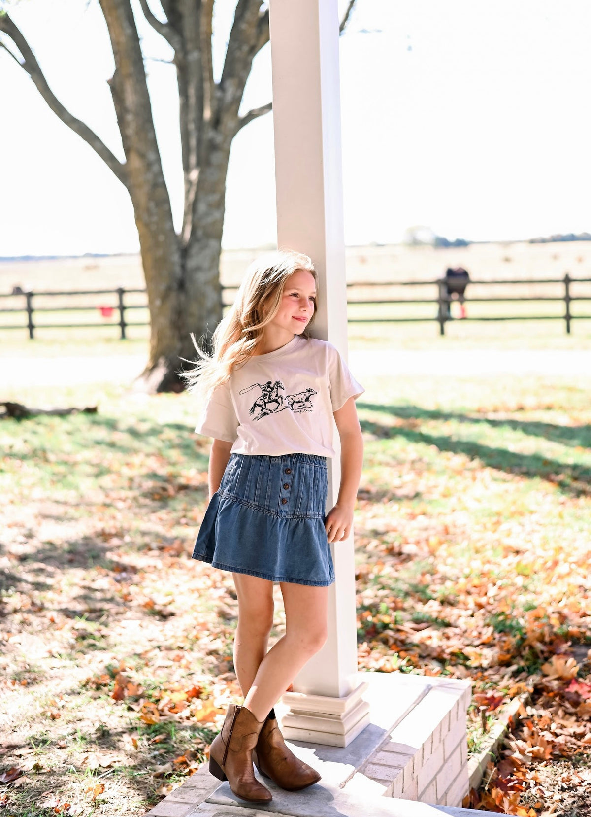 Girls Pleated Button Detail Denim Skirt