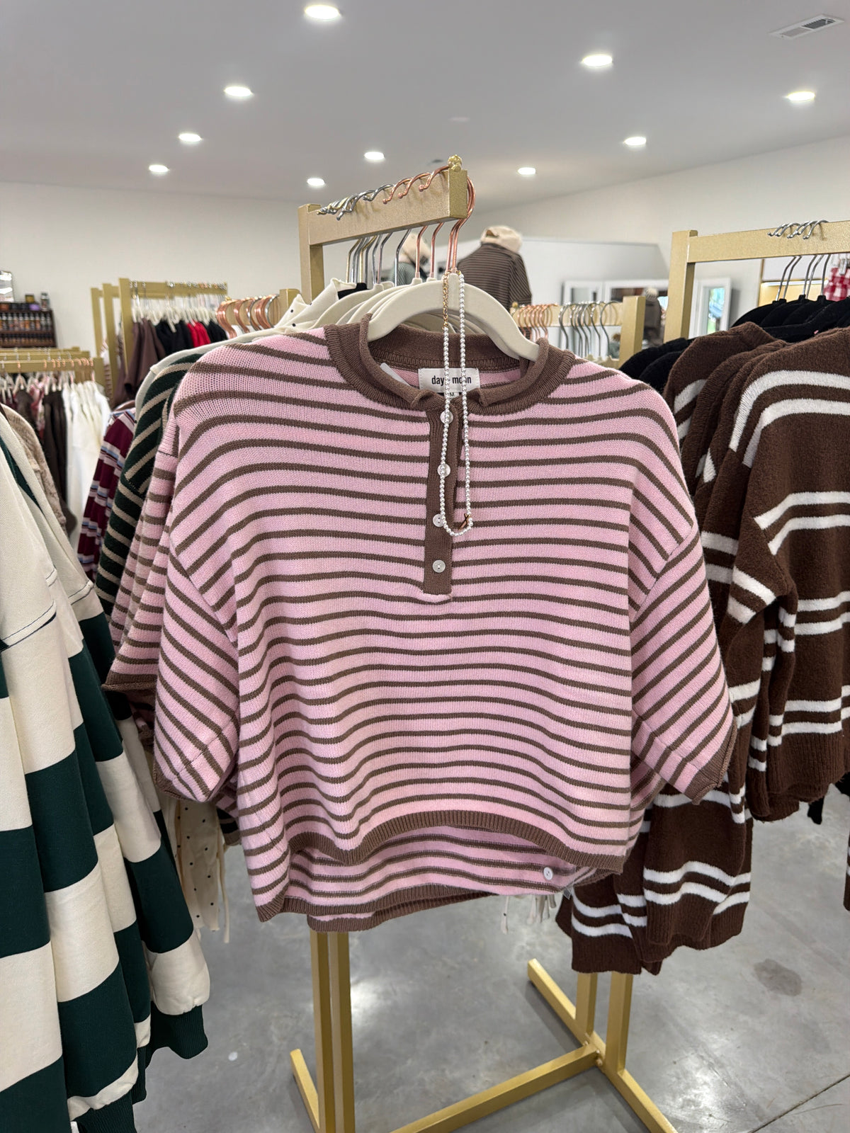 Pink/Brown Striped Short Sleeve Henley Knit Top