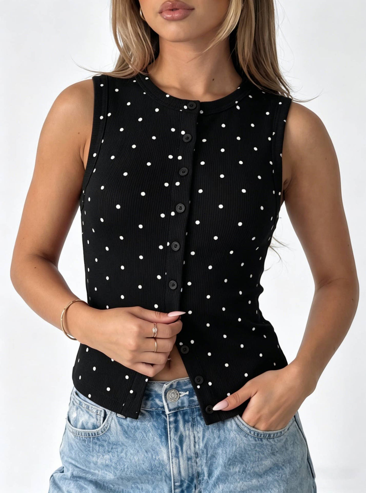 Polka Dot Ribbed Slim Fit Tank Top: Red
