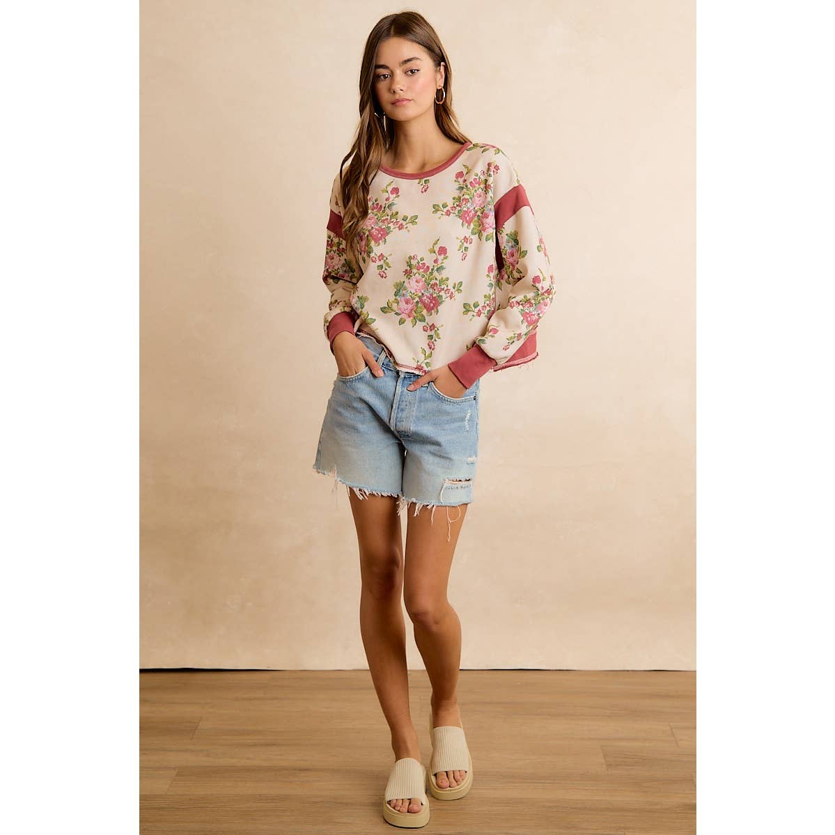 FLORAL BRUSHED TERRY OPEN BACK LONG SLEEVE