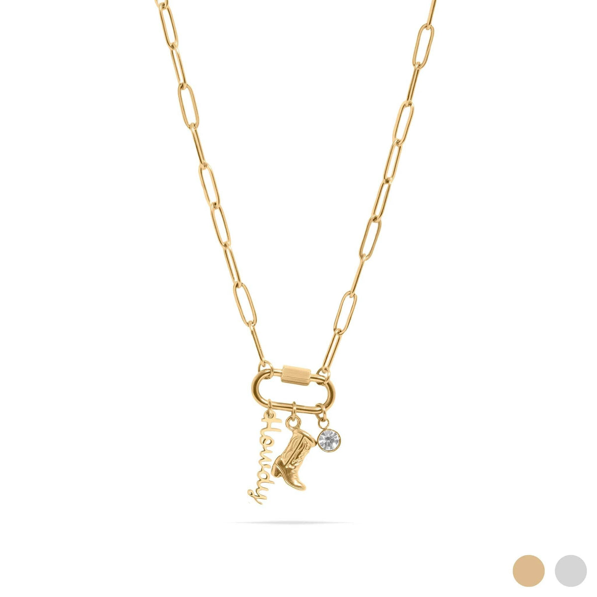 18K Gold PVD Stainless Steel Western Carabiner Necklace: Stainless