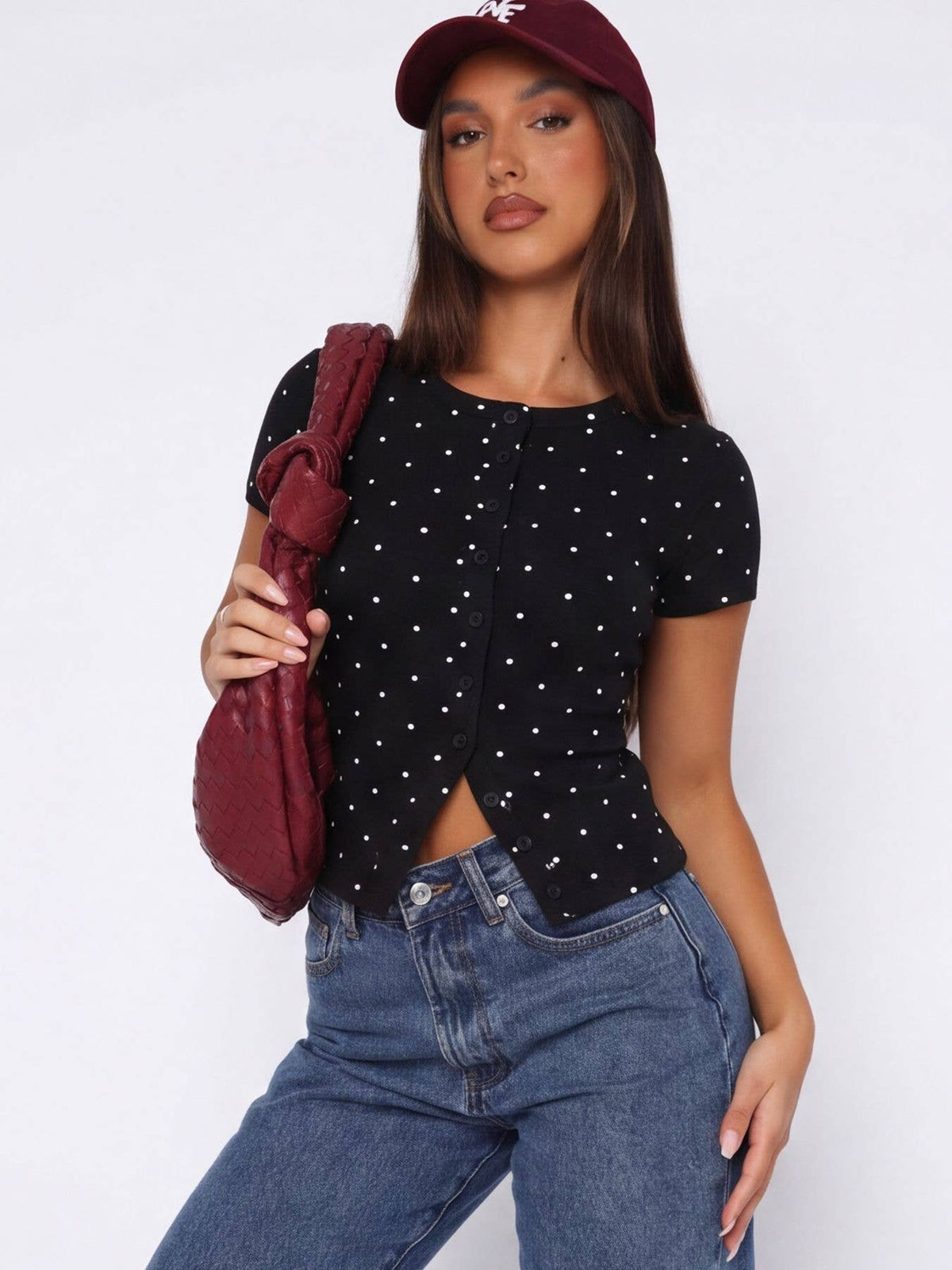 Ribbed Polka Dot Fitted Short Sleeve T-Shirt: Black