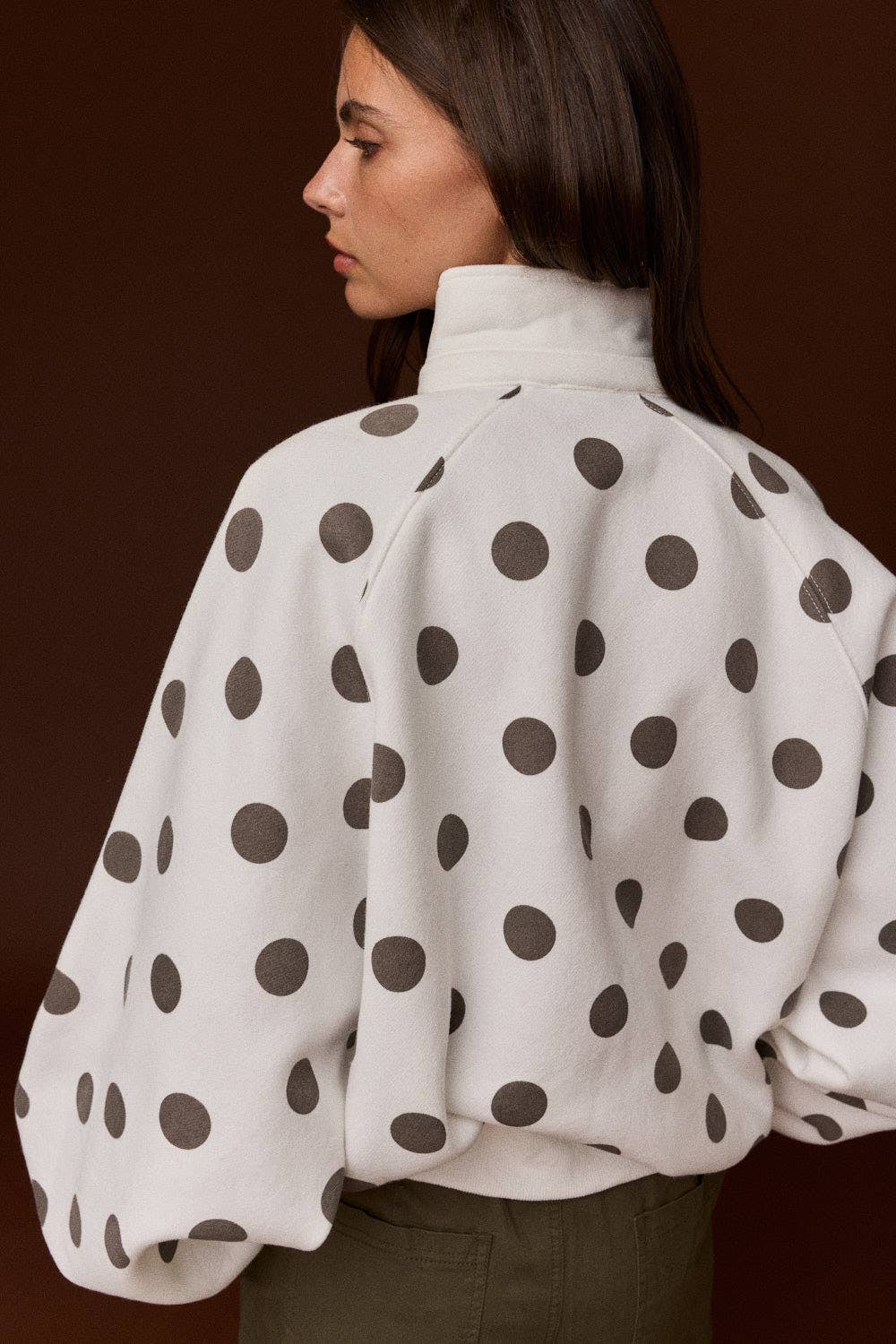 White/Brown Collar Half-Snap Button  Polka Dot Sweatshirt