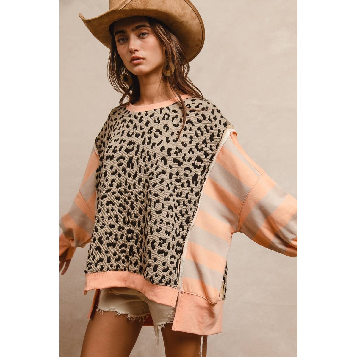 LEOPARD AND STRIPE MIXED TOP: CAMEL