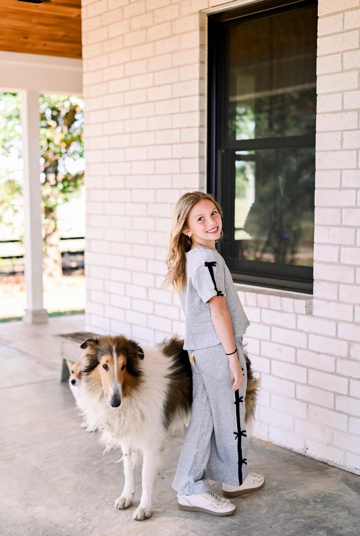 Girls Bow Trim Side Stripe Terry Top &amp; Joggers Set