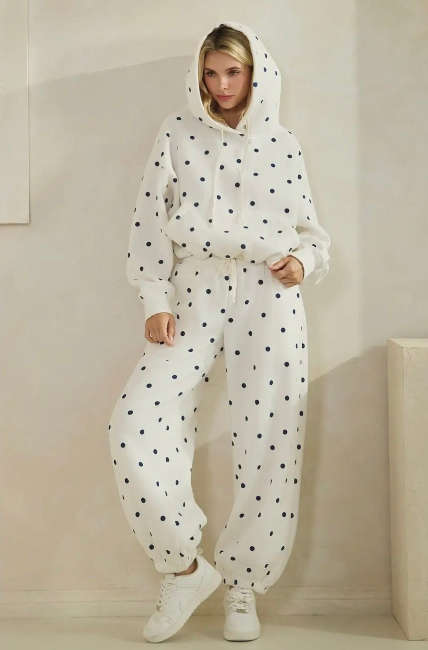 Cream Navy Polka Dot Bubble Hem Hoodie