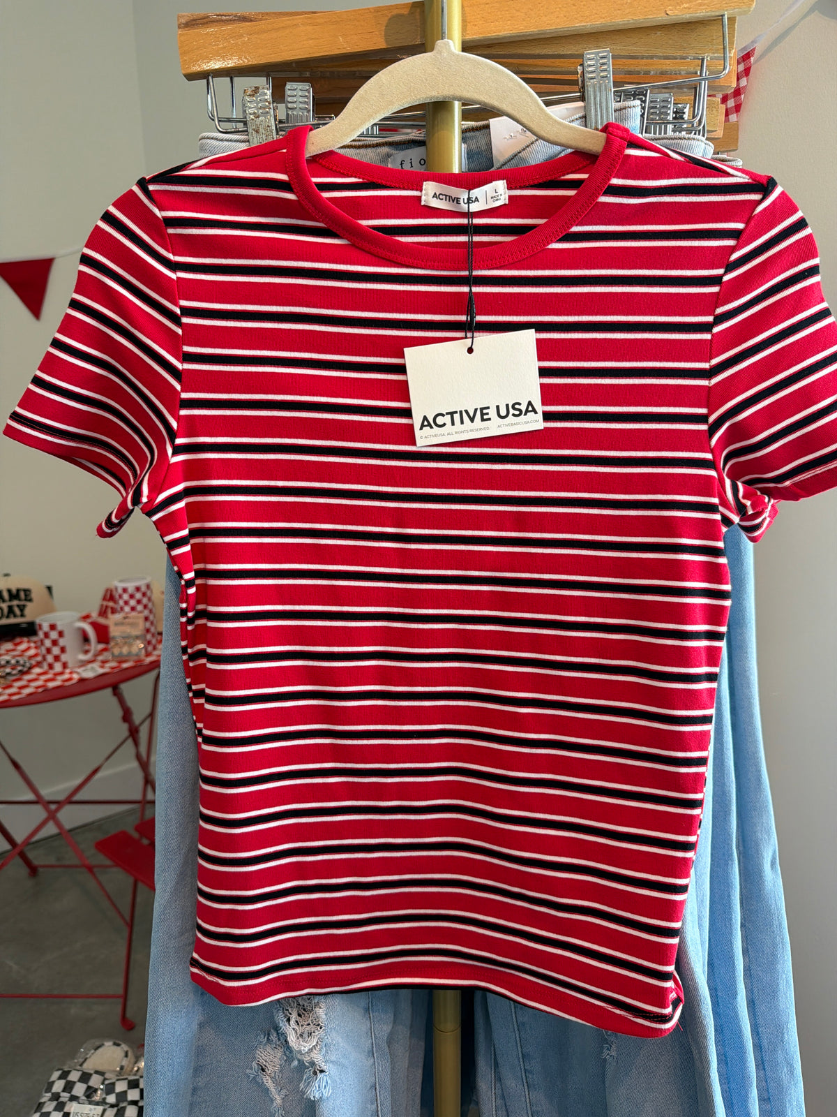 Red, Black, and White Striped TShirt (Copy)
