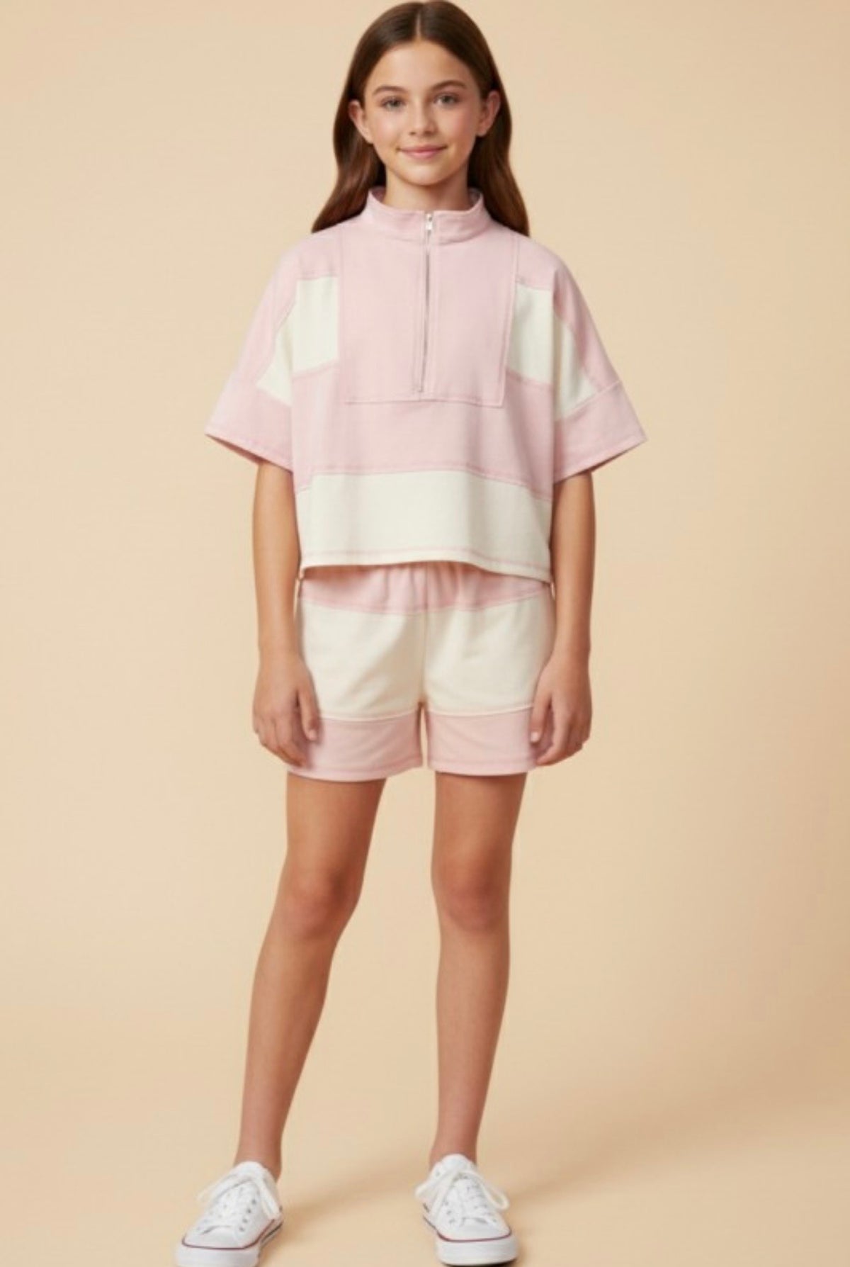 Girls Pink Color Block Stripe Half Zip Top