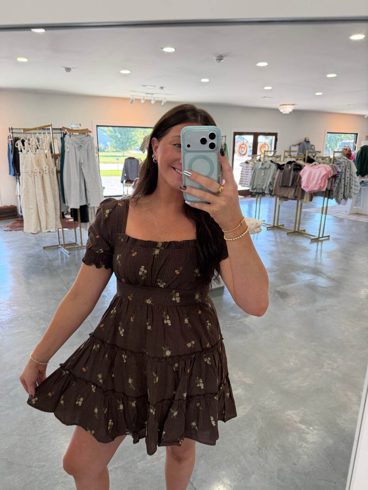 Floral Square Neck Puff Sleeve Mini Dress