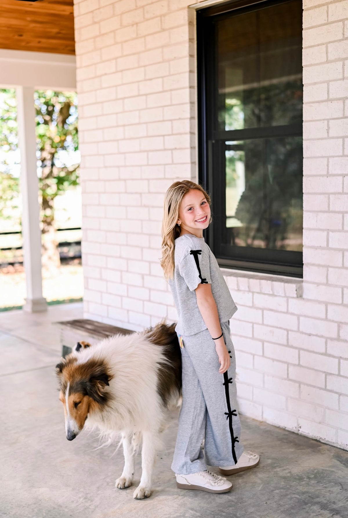 Girls Bow Trim Side Stripe Terry Top &amp; Joggers Set