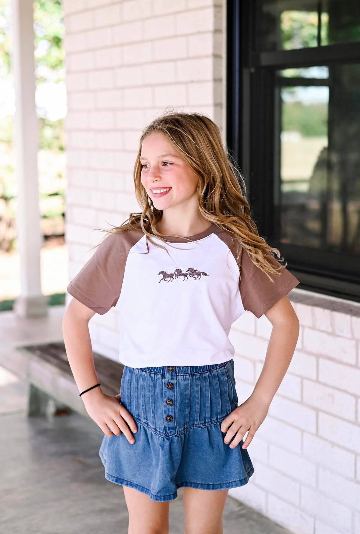 Girls Pleated Button Detail Denim Skirt