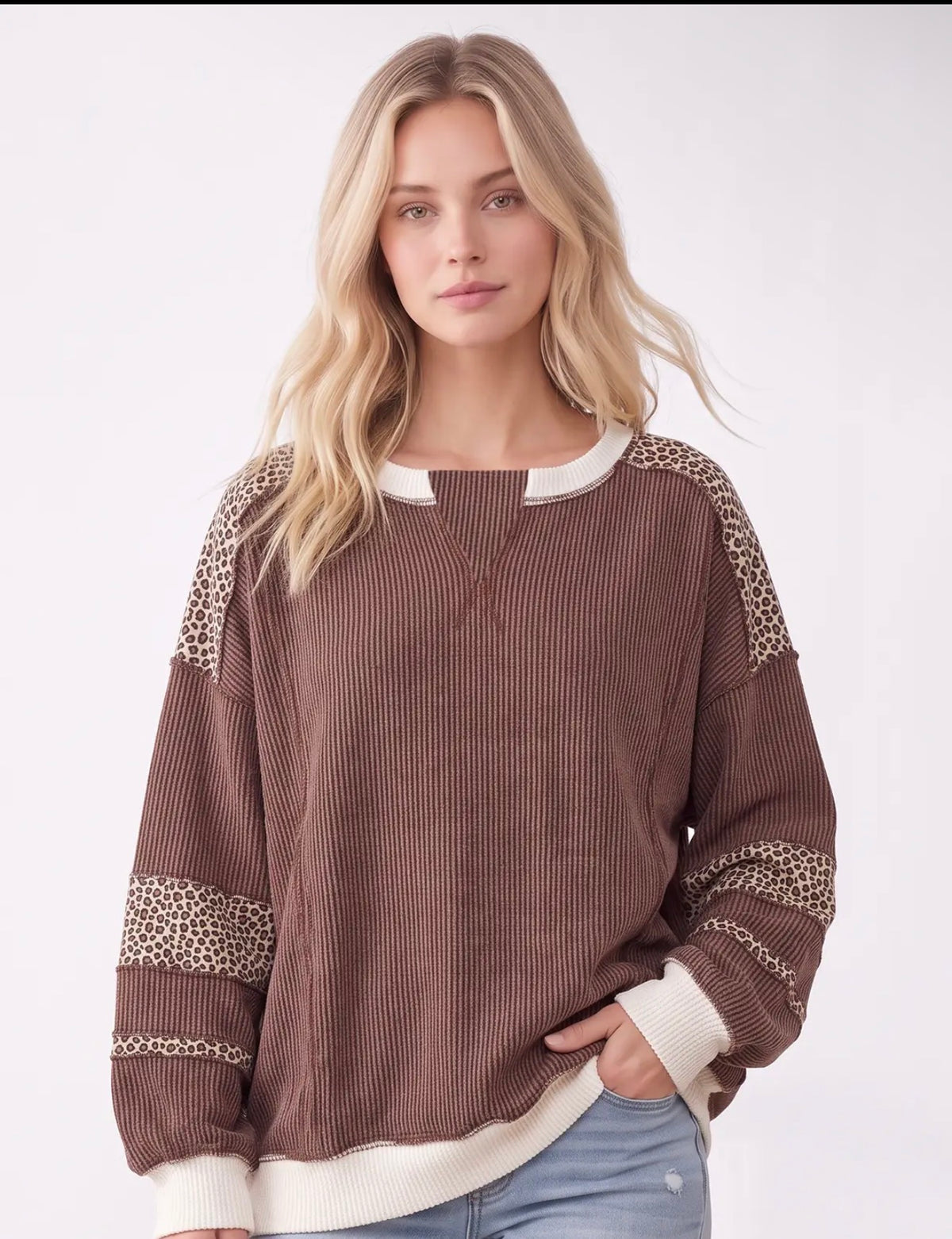 Leopard Print Contrast Ribbed Sweatshirt