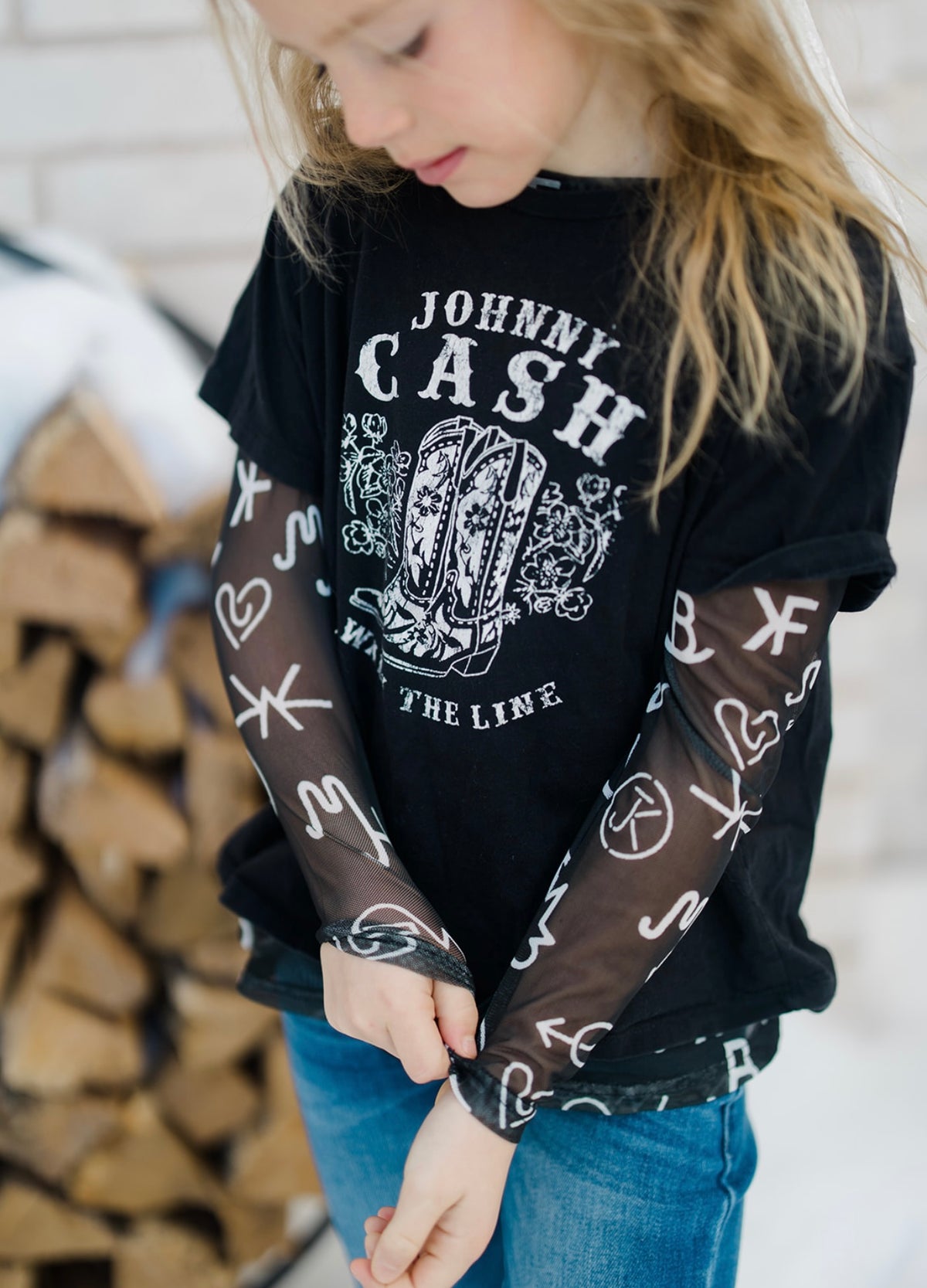 Kids Black Brand Sheer Mock Neck Top