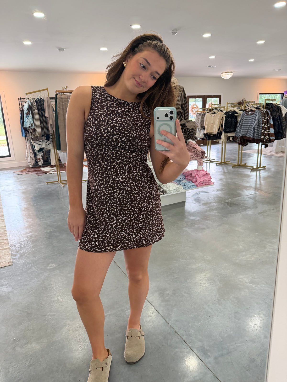 Sleeveless High Neck Brown Floral Mini Dress