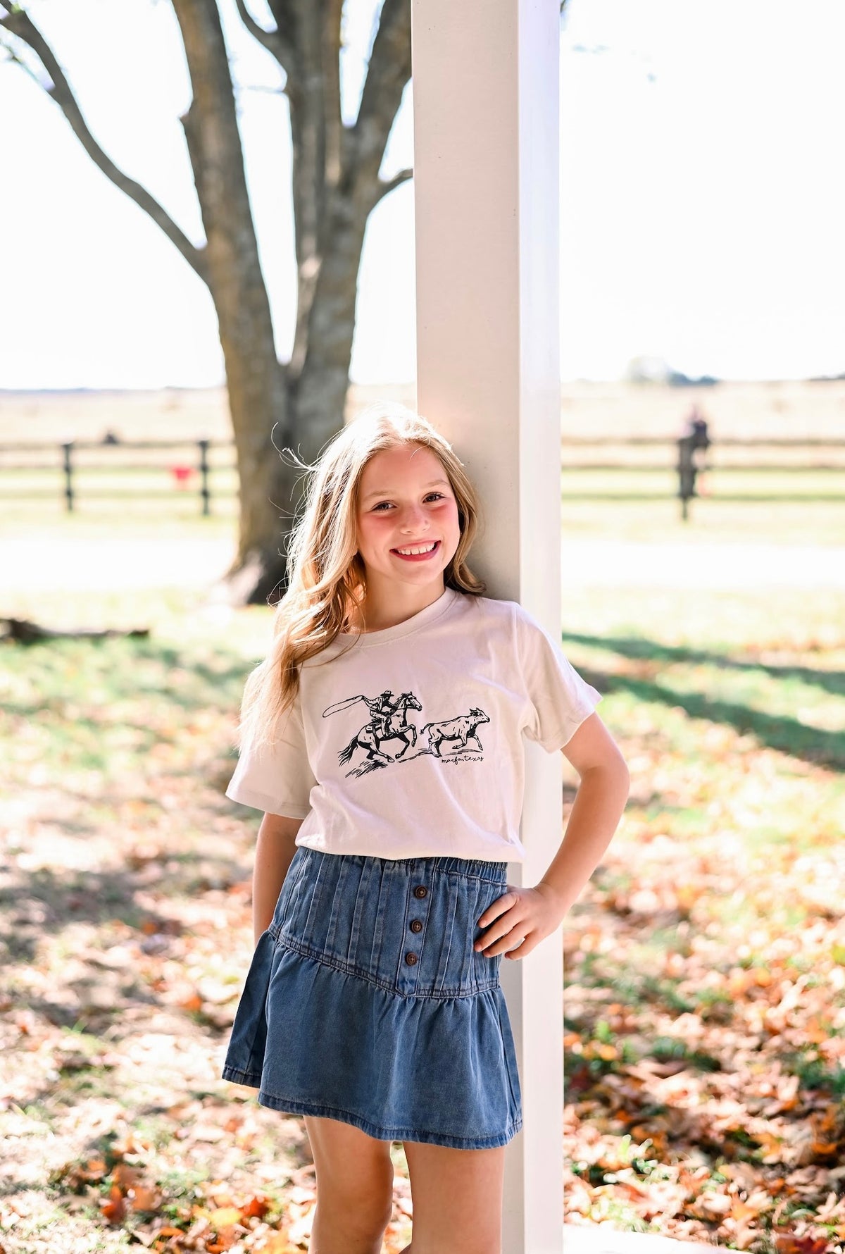 Girls Pleated Button Detail Denim Skirt