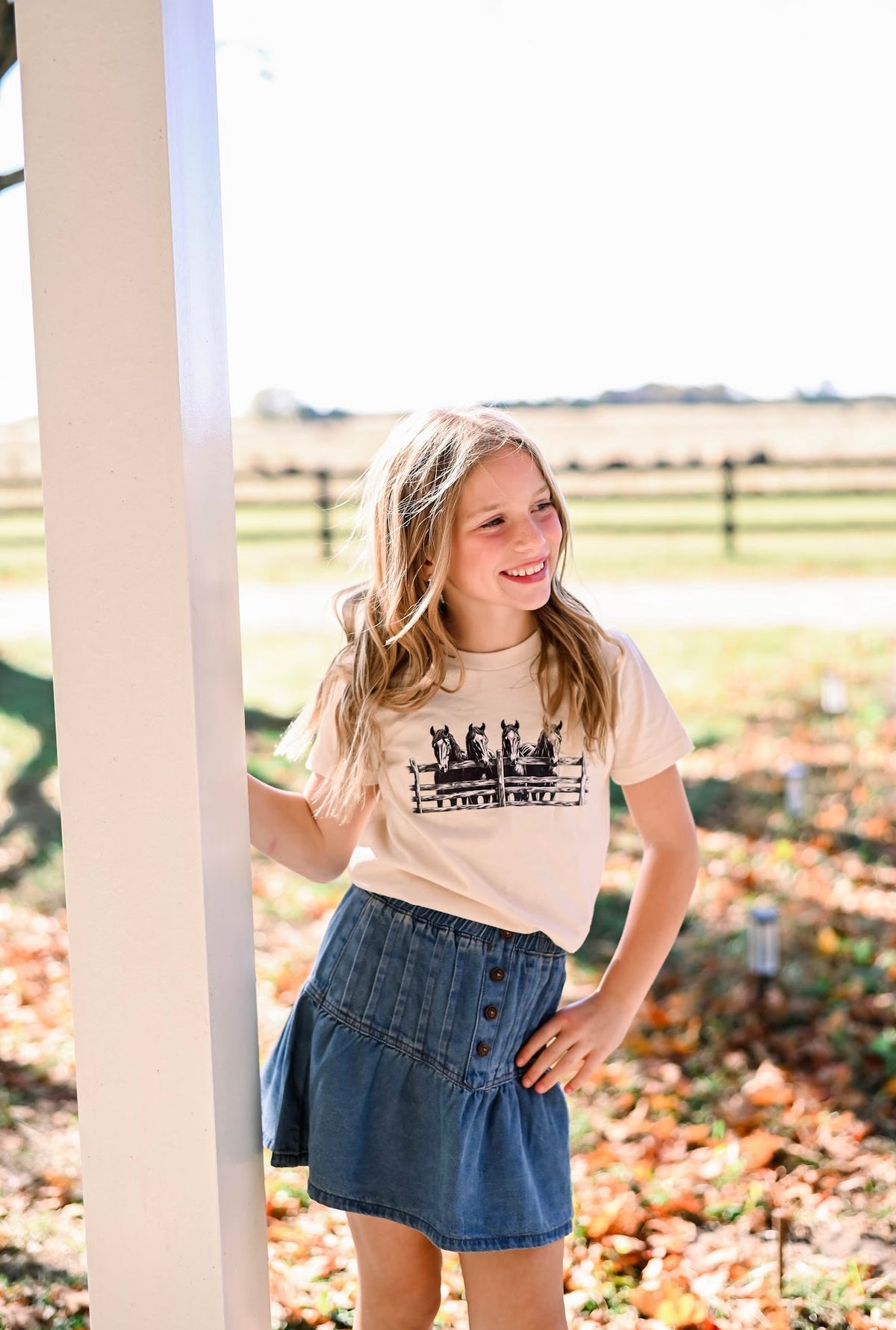 Girls Pleated Button Detail Denim Skirt