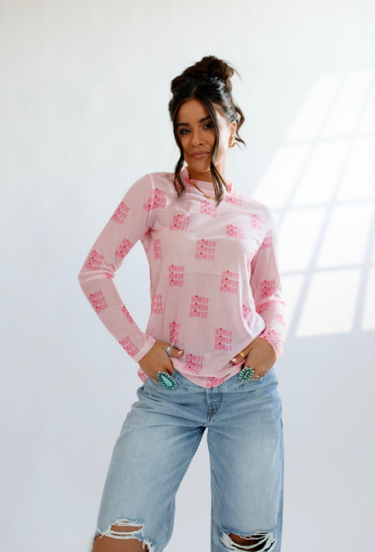Pink Howdy Sheer Mock Neck Top