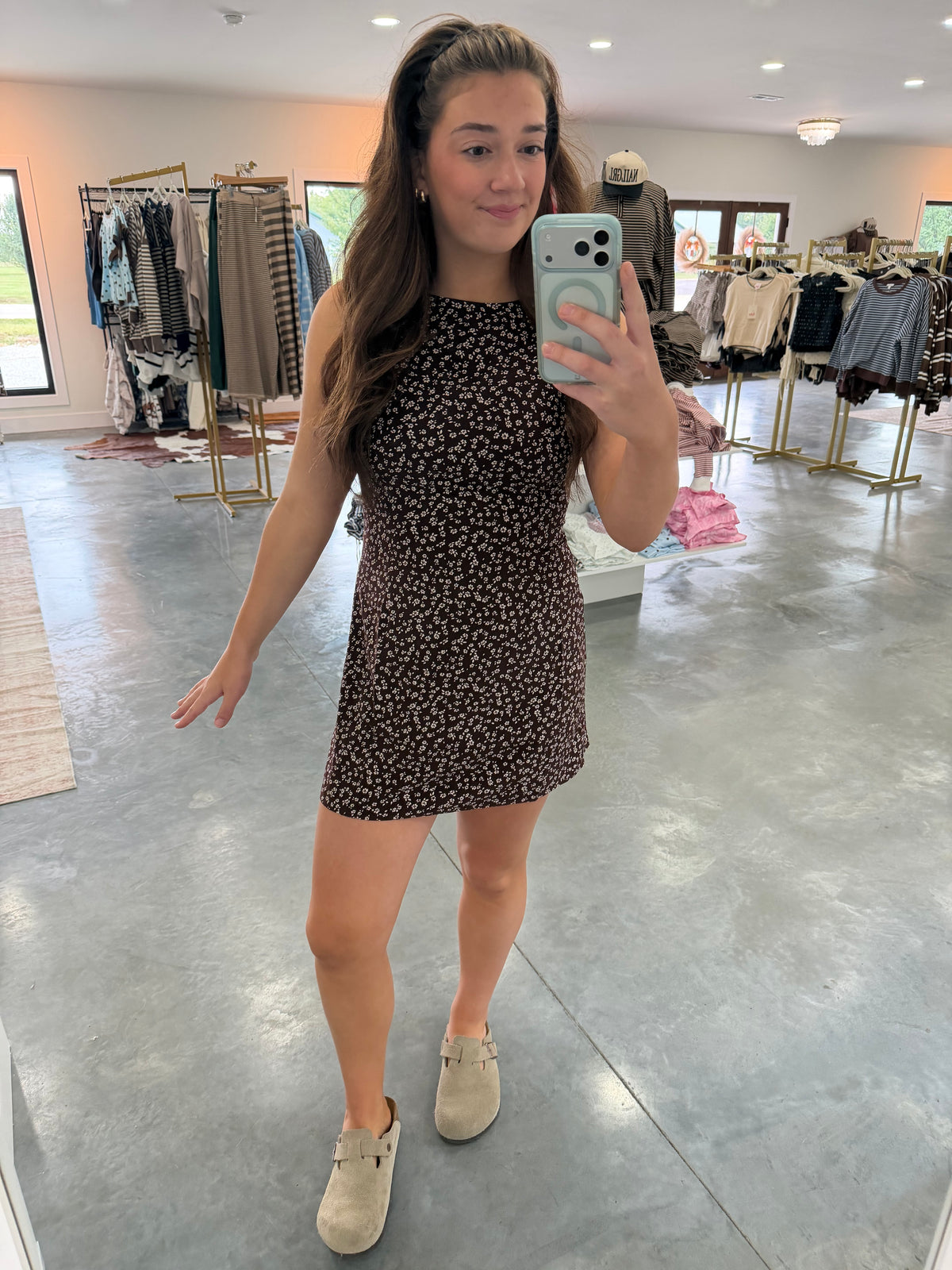 Sleeveless High Neck Brown Floral Mini Dress