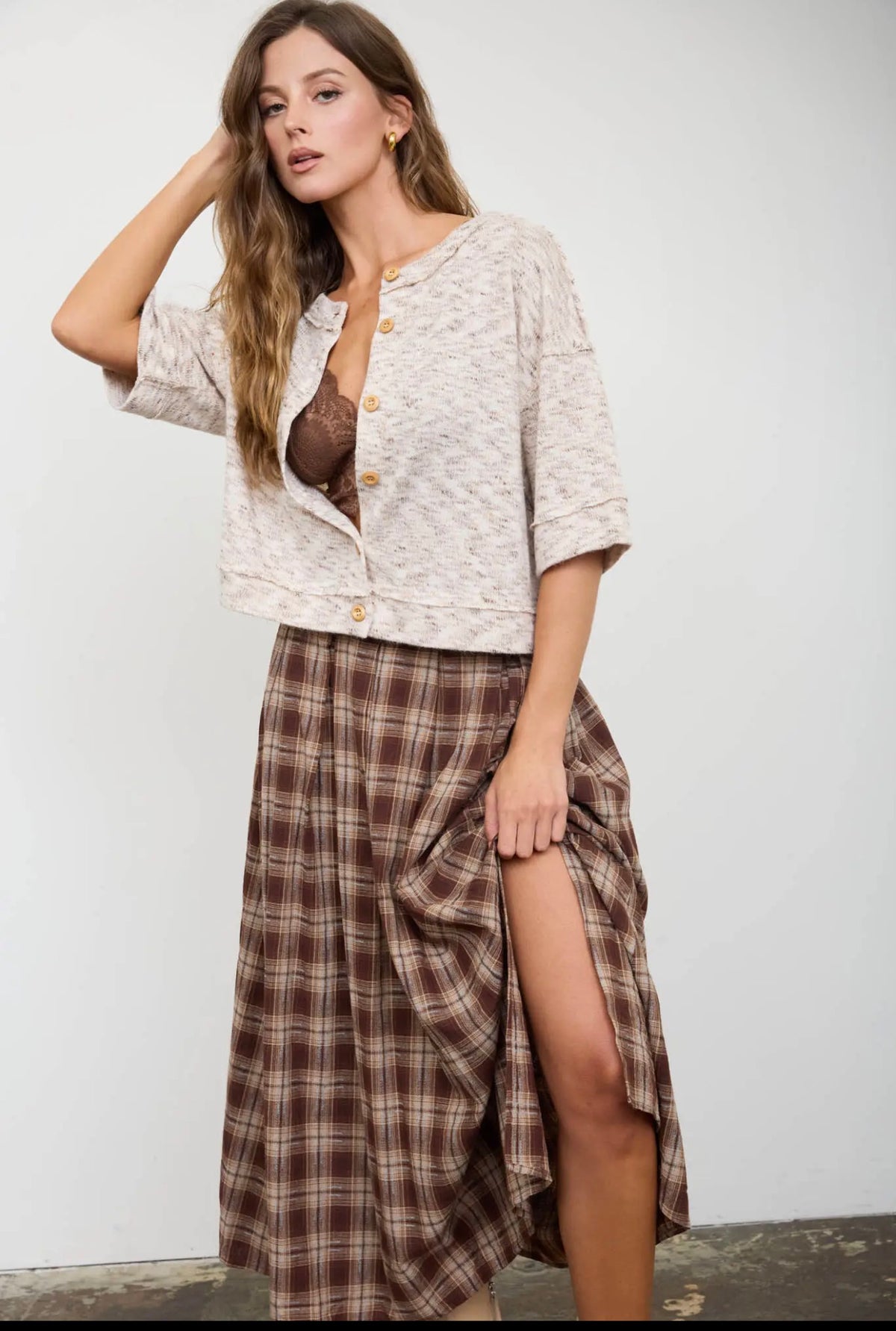 Marbled Button Down Short Sleeve Raw Edge Knit Top