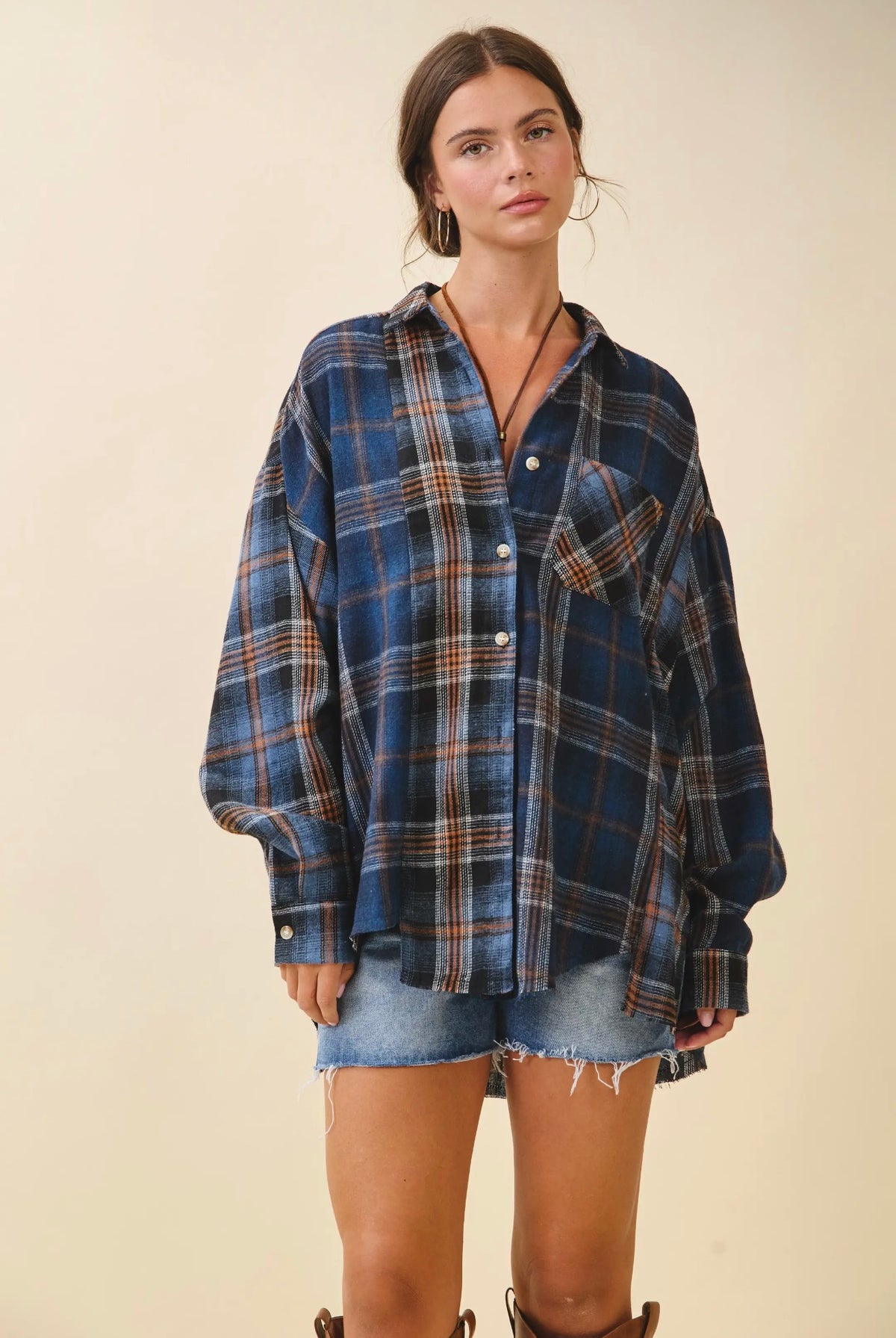 Navy Oversized Plaid Flannel Shirt