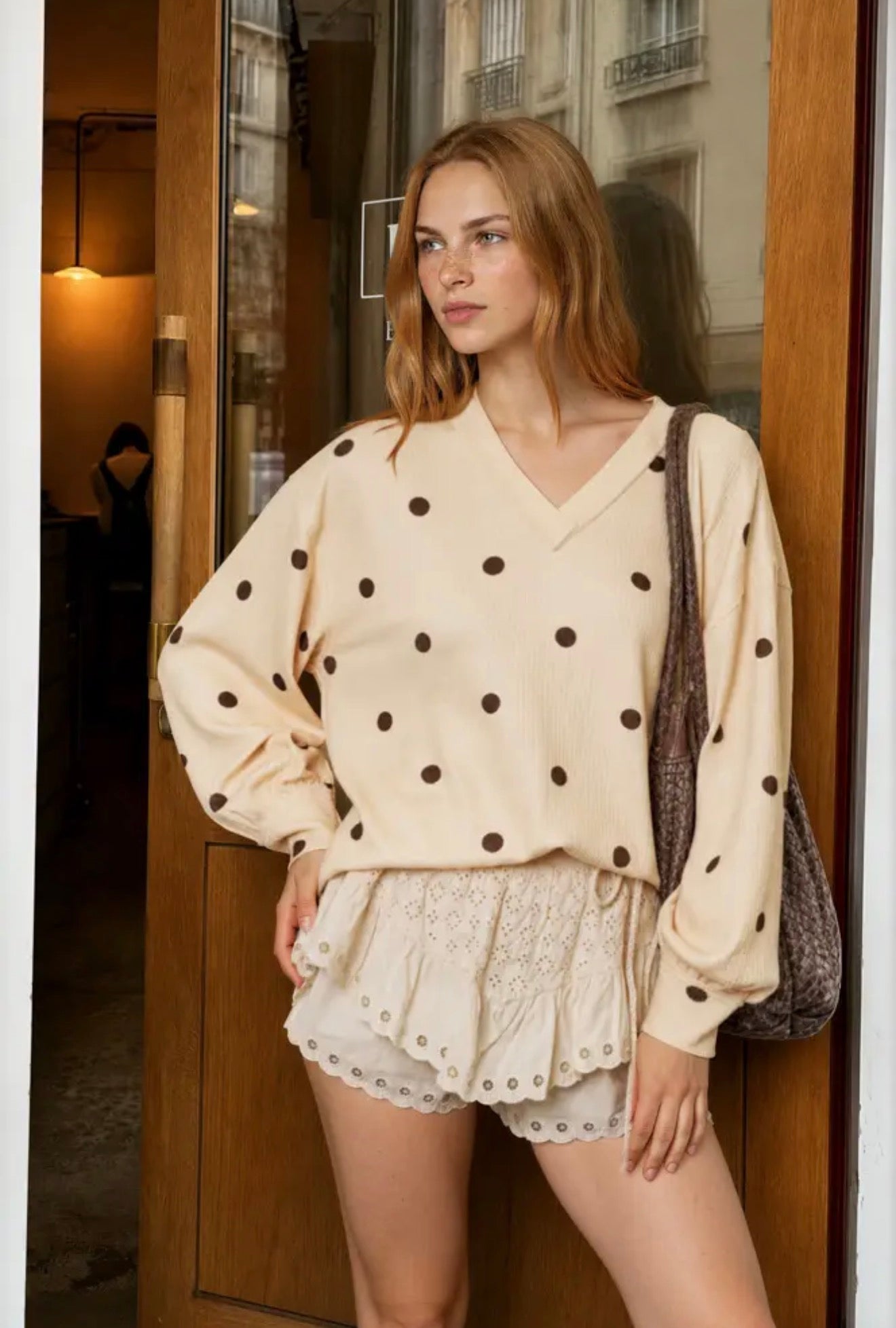 Yellow Polka Dot Long Sleeve Textured Knit Top