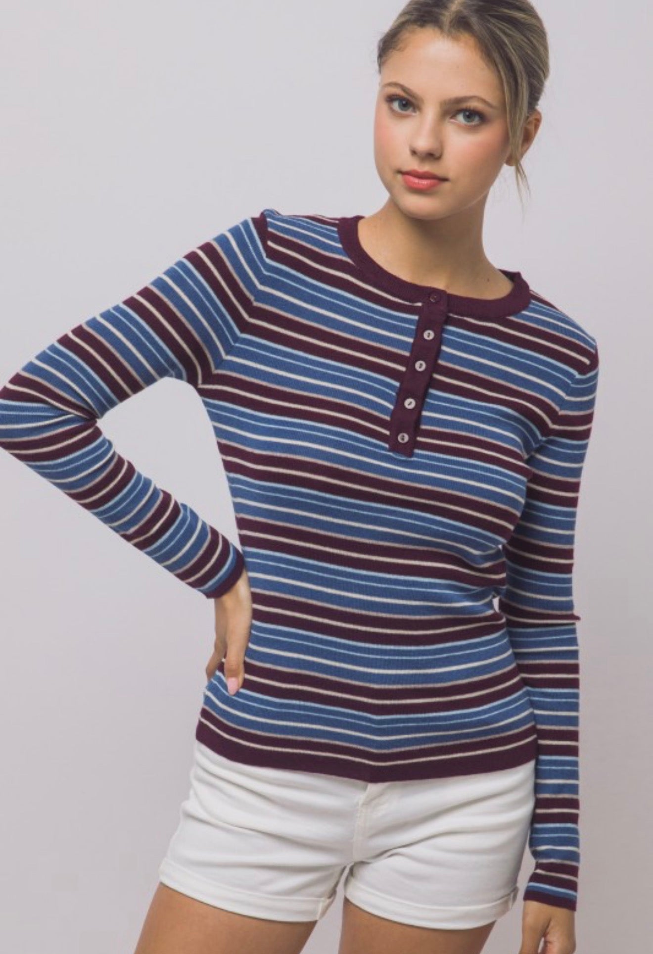 Multi Stripe Fine Knit Henley