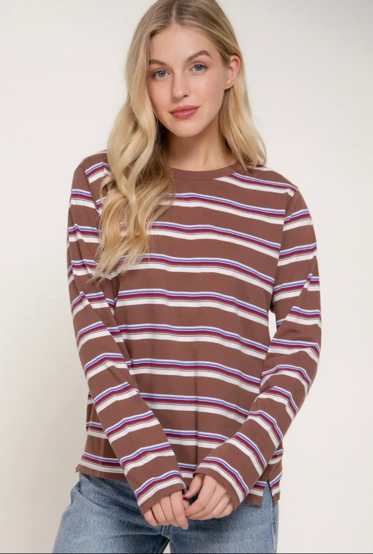 Brown/Ivory Long Sleeve Crew Neck Striped Knit Top