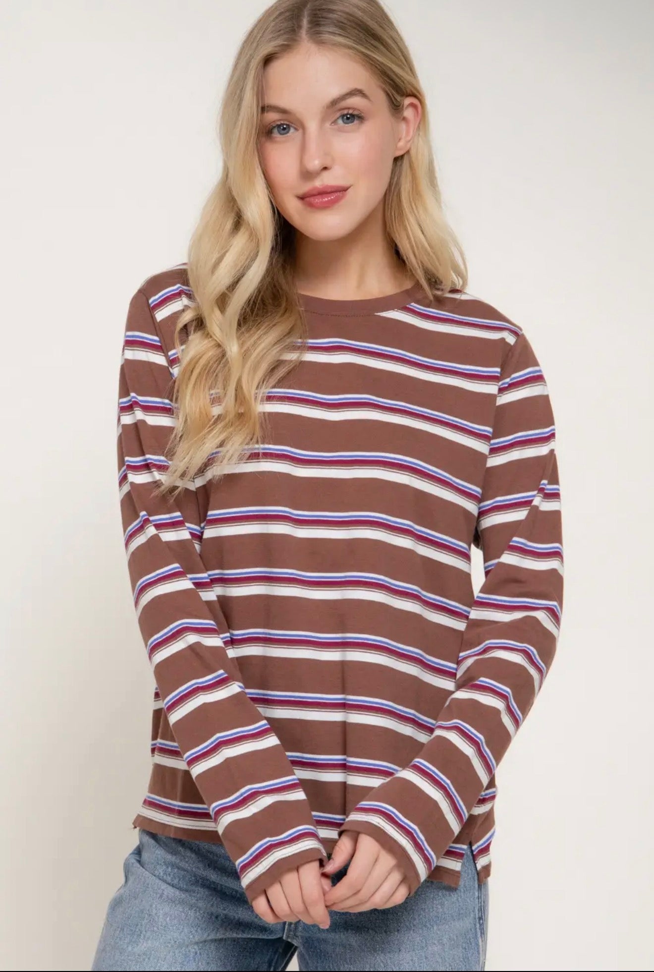 Brown/Ivory Long Sleeve Crew Neck Striped Knit Top