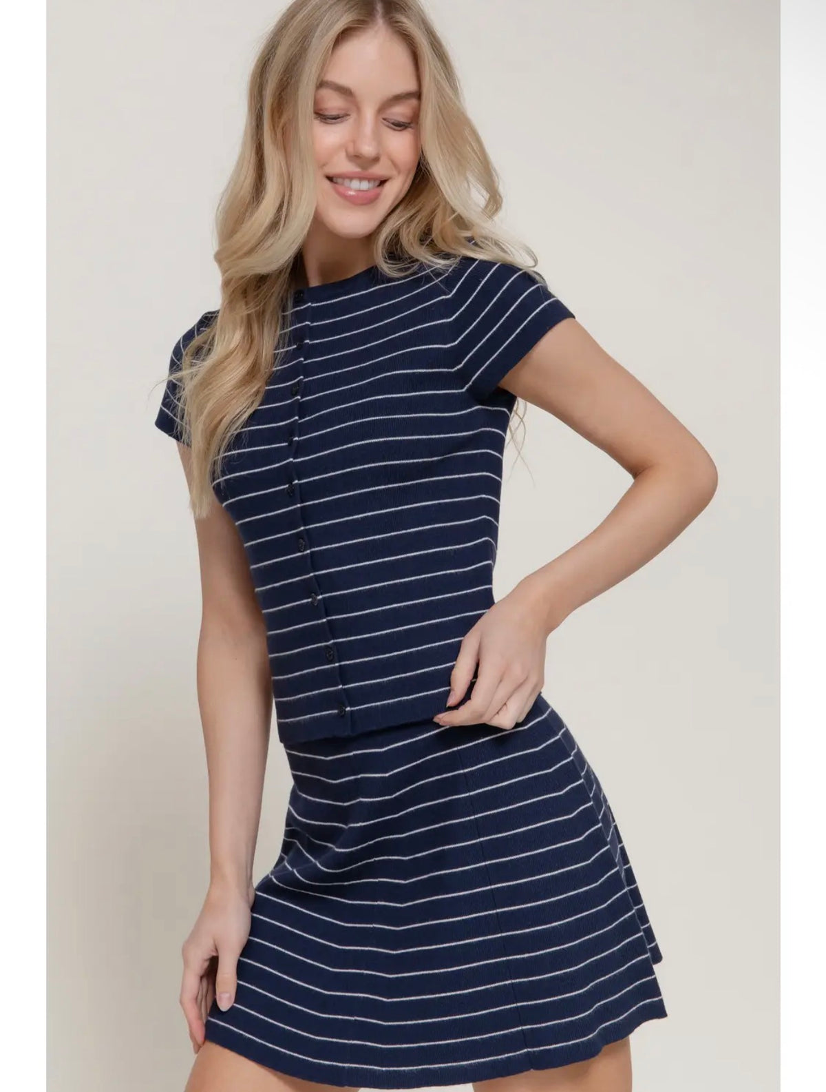 Short Sleeve Button Down Striped Knit Navy Top