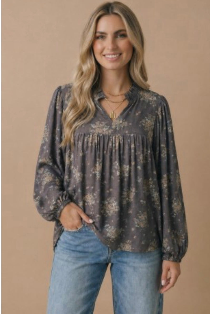 Charcoal Floral Notch Neck Long Sleeve Blouse