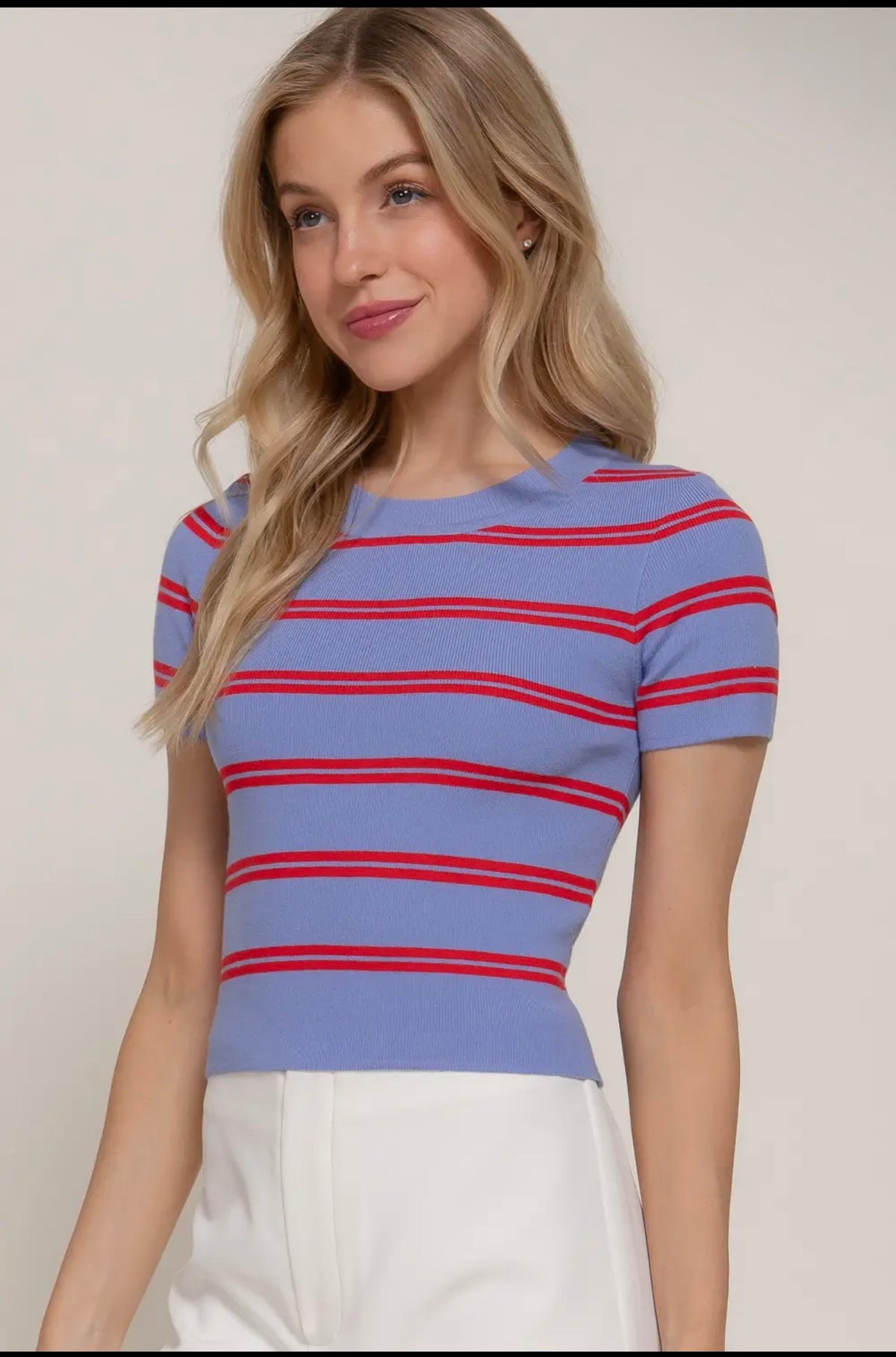 Short Sleeve Crew Neck Striped Sweater