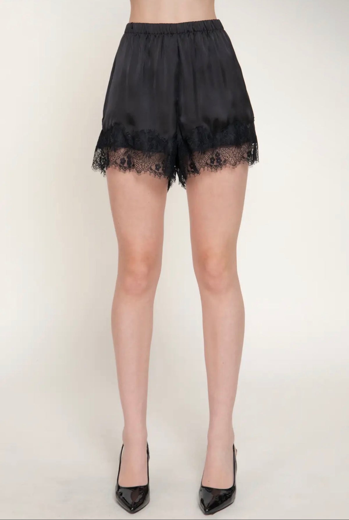 Black Lace Trim Satin Shorts
