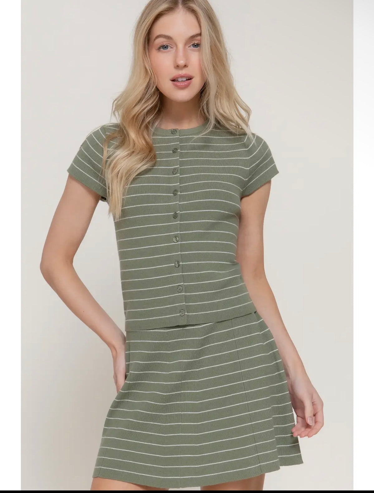 Short Sleeve Button Down Striped Knit Green Top