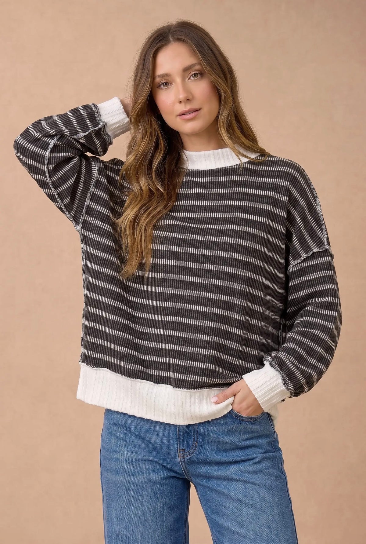 Grey Striped Mocked Neck Ribbed Long Sleeve