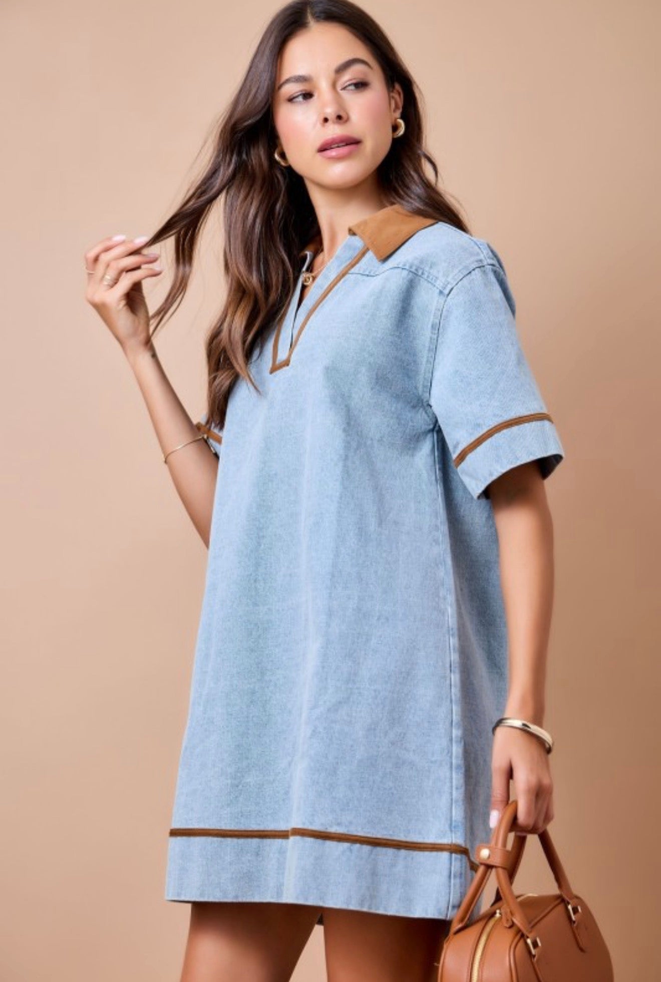 Washed Denim V-Neck Dress With Corduroy Collar
